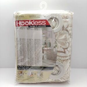Hookless White/Beige Design French Damask 3 in 1 Shower curtain & Snap On liner